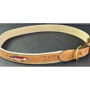 Embroidered Leather Canvas Belt Redfish Red Fish Tan Brown Size 34 Fishing